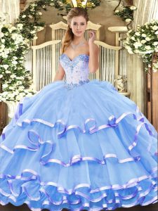 Dazzling Sweetheart Sleeveless Sweet 16 Dresses Floor Length Beading and Ruffled Layers Blue Organza