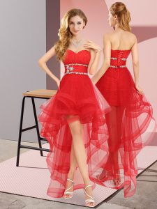 Custom Fit A-line Evening Dress Red Sweetheart Tulle Sleeveless High Low Lace Up