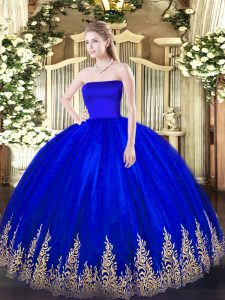 Sleeveless Floor Length Appliques Zipper Quinceanera Dress with Blue