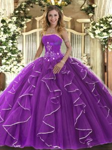  Purple Lace Up Strapless Beading and Ruffles 15 Quinceanera Dress Tulle Sleeveless