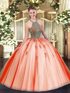  Floor Length Lace Up 15 Quinceanera Dress Coral Red for Military Ball and Sweet 16 and Quinceanera with Beading