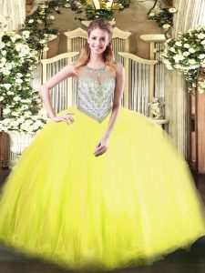 Modest Tulle Scoop Sleeveless Zipper Beading Sweet 16 Quinceanera Dress in Yellow Green