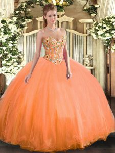  Sleeveless Floor Length Embroidery Lace Up Quinceanera Dresses with Orange