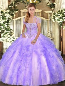 Fancy Tulle Strapless Sleeveless Lace Up Appliques and Ruffles Quinceanera Dress in Lavender