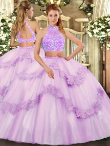  Lavender Two Pieces Beading and Lace and Ruffles Quinceanera Gowns Criss Cross Tulle Sleeveless Floor Length