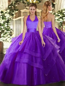  Floor Length Purple Quinceanera Dresses Tulle Sleeveless Ruffled Layers