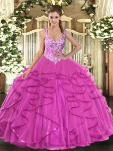  Sleeveless Floor Length Beading and Ruffles Lace Up Ball Gown Prom Dress with Fuchsia