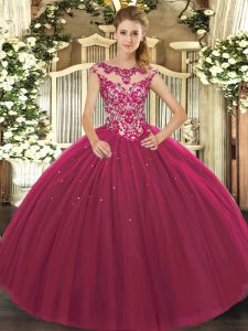 Custom Design Cap Sleeves Tulle Floor Length Lace Up Ball Gown Prom Dress in Fuchsia with Beading and Appliques