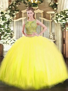 Best Selling Yellow Two Pieces Scoop Sleeveless Tulle Floor Length Lace Up Beading Vestidos de Quinceanera