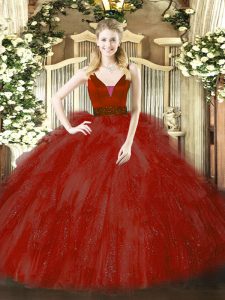  Wine Red Ball Gowns Beading and Ruffles Sweet 16 Dress Zipper Tulle Sleeveless Floor Length