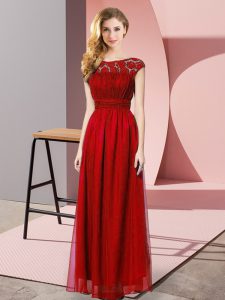  Wine Red Empire Lace Prom Gown Zipper Chiffon Sleeveless Floor Length