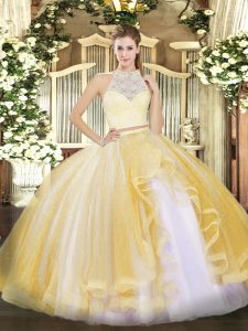 Romantic Gold Tulle Zipper Quince Ball Gowns Sleeveless Floor Length Lace and Ruffles