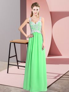Sweet Apple Green Zipper V-neck Lace Prom Gown Chiffon Sleeveless