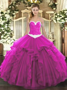 High Class Fuchsia Sleeveless Organza Lace Up 15th Birthday Dress for Military Ball and Sweet 16 and Quinceanera