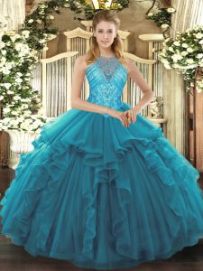  Teal Ball Gowns Beading and Ruffles Quinceanera Dresses Lace Up Organza Sleeveless Asymmetrical