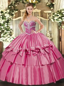 Decent Organza and Taffeta Sweetheart Sleeveless Lace Up Beading and Ruffled Layers 15th Birthday Dress in Hot Pink