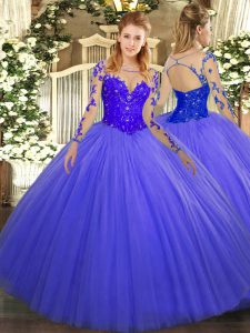 Stylish Tulle Scoop Long Sleeves Lace Up Lace Vestidos de Quinceanera in Blue