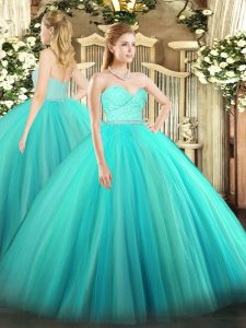  Sleeveless Floor Length Beading and Lace Zipper Quinceanera Dress with Turquoise