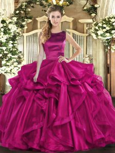 Trendy Fuchsia Quinceanera Dress Military Ball and Sweet 16 and Quinceanera with Ruffles Scoop Sleeveless Lace Up