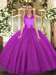 Decent Fuchsia Tulle Lace Up Ball Gown Prom Dress Sleeveless Floor Length Sequins