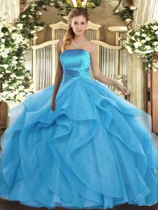  Baby Blue Strapless Neckline Ruffles Quince Ball Gowns Sleeveless Lace Up