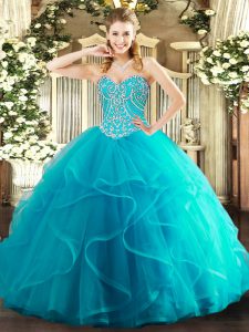 Spectacular Teal Sleeveless Beading and Ruffles Floor Length Quince Ball Gowns