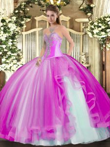 Designer Fuchsia Sweetheart Lace Up Beading and Ruffles Quinceanera Gown Sleeveless