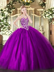  Eggplant Purple Ball Gowns Beading Sweet 16 Dress Lace Up Tulle Sleeveless Floor Length