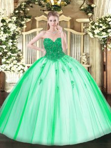Popular Turquoise Ball Gowns Tulle Sweetheart Sleeveless Beading Floor Length Lace Up Quinceanera Gown
