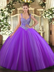 Wonderful Floor Length Purple Quinceanera Gowns Tulle Sleeveless Beading