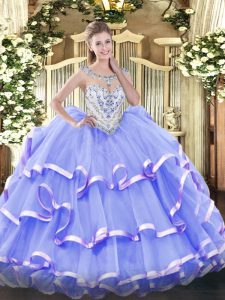 Fancy Lavender Organza Zipper Quinceanera Gown Sleeveless Floor Length Beading and Ruffled Layers