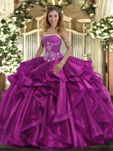Comfortable Fuchsia Strapless Neckline Beading and Ruffles 15 Quinceanera Dress Sleeveless Lace Up