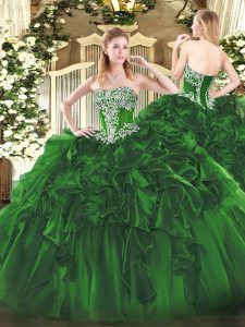 Flare Sleeveless Floor Length Beading and Ruffles Lace Up Quinceanera Gown with Dark Green