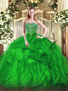 Traditional Ball Gowns 15 Quinceanera Dress Green Strapless Organza Sleeveless Floor Length Lace Up