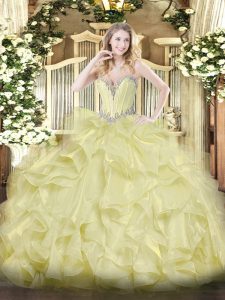  Beading and Ruffles Quinceanera Gown Yellow Lace Up Sleeveless Floor Length