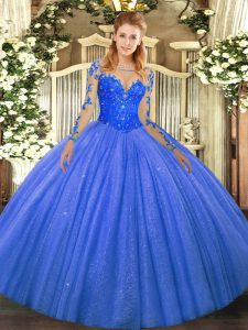  Blue Ball Gowns Tulle Scoop Long Sleeves Lace Floor Length Lace Up 15 Quinceanera Dress