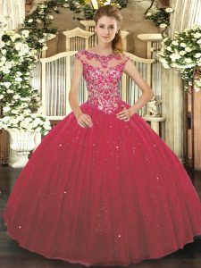 Cap Sleeves Tulle Floor Length Lace Up Vestidos de Quinceanera in Wine Red with Beading and Appliques