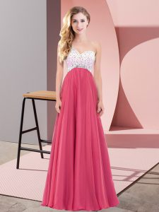  Chiffon One Shoulder Sleeveless Criss Cross Beading Prom Dresses in Coral Red