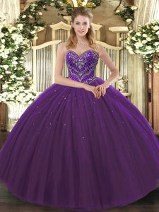 Superior Dark Purple Ball Gowns Tulle Sweetheart Sleeveless Beading Floor Length Lace Up Quinceanera Dress
