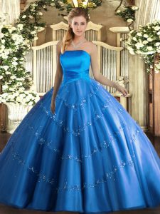  Strapless Sleeveless Quince Ball Gowns Floor Length Appliques Blue Tulle