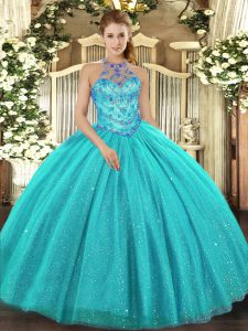  Aqua Blue Halter Top Lace Up Beading and Embroidery Quinceanera Gown Sleeveless