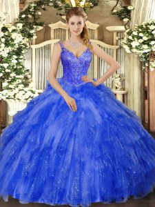 Elegant V-neck Sleeveless 15th Birthday Dress Floor Length Beading and Ruffles Royal Blue Tulle