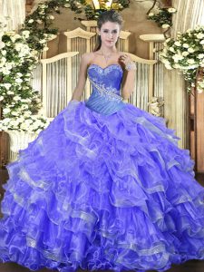  Blue Lace Up Sweetheart Beading and Ruffled Layers Ball Gown Prom Dress Organza Sleeveless