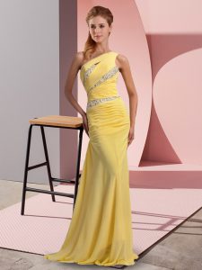 Yellow Sleeveless Sweep Train Beading Floor Length Prom Party Dress
