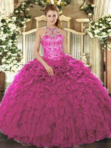 Captivating Fuchsia Organza Lace Up Halter Top Sleeveless Floor Length 15th Birthday Dress Beading and Ruffles