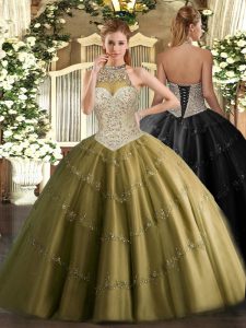 Dramatic Brown Halter Top Neckline Beading and Appliques 15 Quinceanera Dress Sleeveless Lace Up