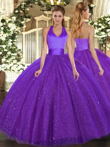  Floor Length Lace Up Quinceanera Gown Purple for Military Ball and Sweet 16 and Quinceanera with Sequins