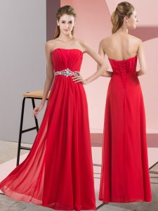 Flare Red Lace Up Dress for Prom Beading Sleeveless Floor Length