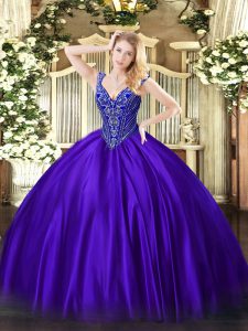 Chic Beading 15th Birthday Dress Purple Lace Up Sleeveless Floor Length