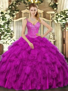 Noble Floor Length Ball Gowns Sleeveless Fuchsia Ball Gown Prom Dress Lace Up